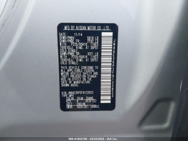JN8AE2KP2F9122623 Nissan QUEST S