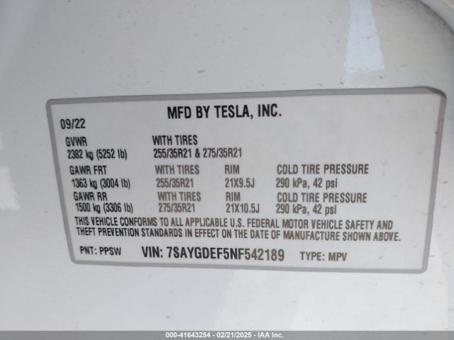 7SAYGDEF5NF542189 Tesla Model Y Performance Dual Motor All-wheel Drive