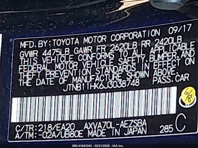 JTNB11HK6J3038748 Toyota CAMRY SE