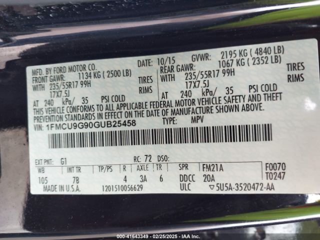 1FMCU9G90GUB25458 Ford ESCAPE SE