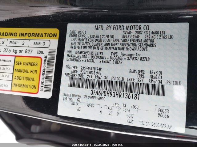 Ford FUSION SE 2017 3FA6P0H93HR136181 Image 9