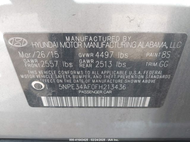 5NPE34AF0FH213436 Hyundai Sonata Sport