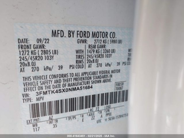 3FMTK4SX0NMA51684 Ford Mustang Mach-e Gt