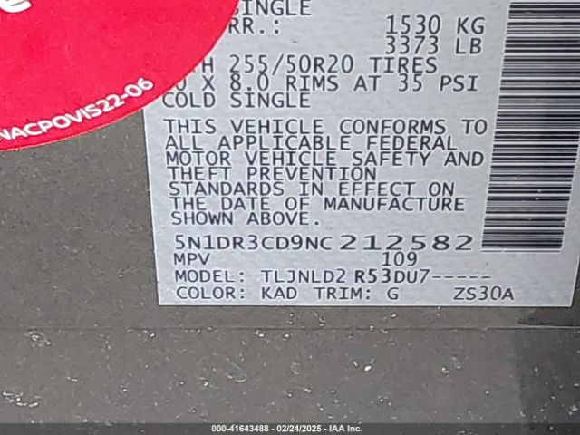 5N1DR3CD9NC212582 Nissan Pathfinder Sl 4wd