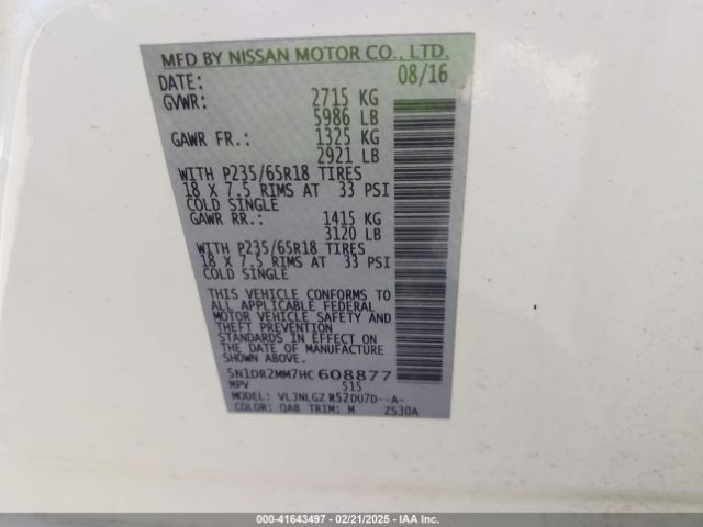 5N1DR2MM7HC608877 Nissan Pathfinder Sl