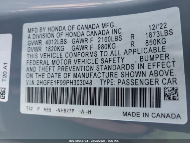 2HGFE1F99PH303048 Honda Civic Touring