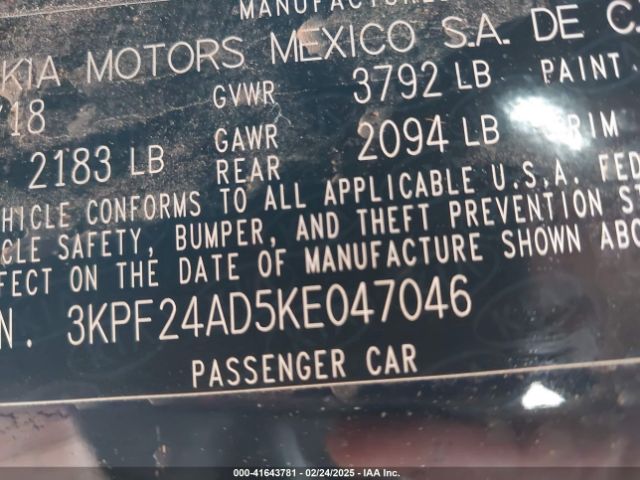 3KPF24AD5KE047046 KIA FORTE FE
