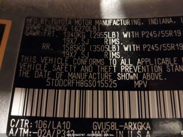 5TDDCRFH8GS015525 Toyota Highlander Hybrid Limited