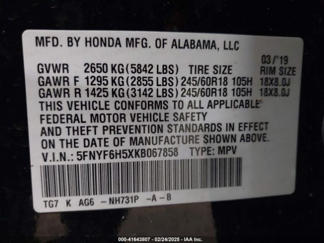 5FNYF6H5XKB067858 Honda Pilot Ex-l