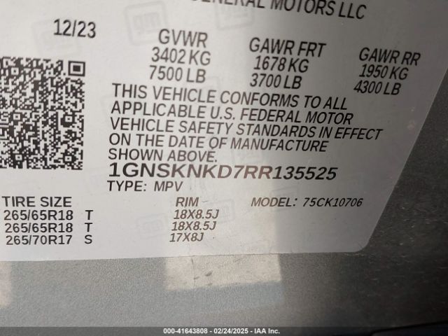 1GNSKNKD7RR135525 Chevrolet Tahoe 4wd Lt