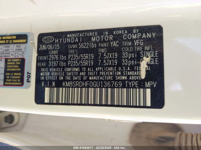 KM8SRDHF0GU136769 Hyundai Santa Fe Limited