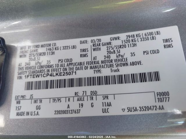 1FTEW1CP4LKE25071 Ford F-150 Xl