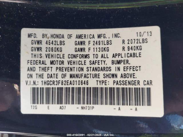 1HGCR3F82EA010646 Honda Accord Ex-l V-6