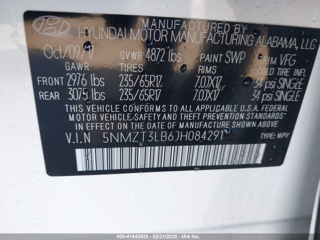 5NMZT3LB6JH084291 Hyundai Santa Fe Sport 2.4l