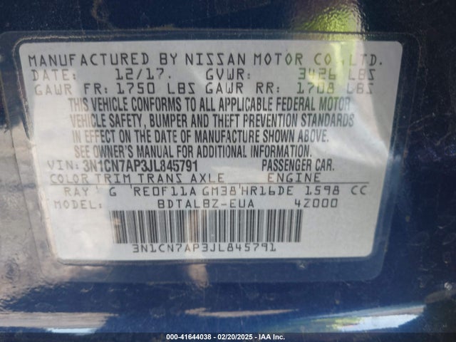 3N1CN7AP3JL845791 Nissan 2018