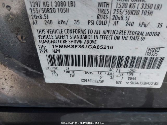 1FM5K8F86JGA85216 Ford Explorer Limited