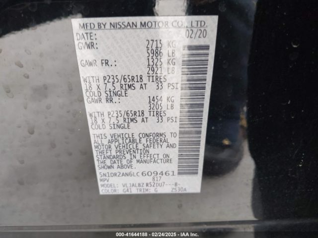 5N1DR2AN6LC609461 Nissan Pathfinder S 2wd