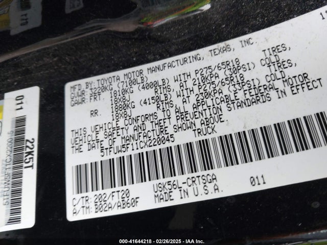 Продаж на аукціоні авто 2012 Toyota Tundra Grade 5.7l V8, vin: 5TFUW5F11CX220045, номер лоту: 41644218