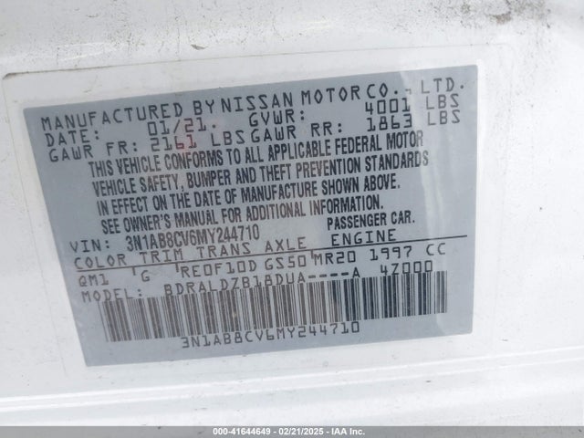 3N1AB8CV6MY244710 Nissan Sentra Sv Xtronic Cvt