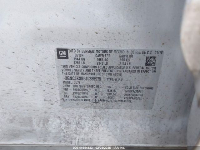 3GNCJKSB9JL285975 Chevrolet TRAX LS