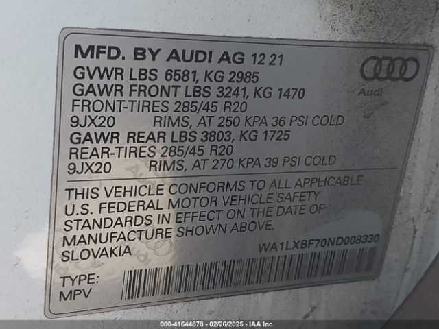 WA1LXBF70ND008330 Audi Q7 Premium Plus 55 Tfsi Quattro Tiptronic