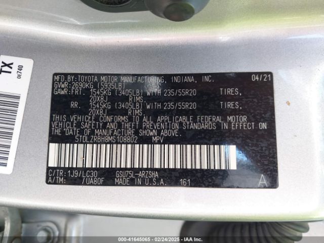 5TDLZRBH8MS108802 Toyota Highlander Xse