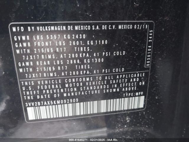 3VV2B7AX5KM092909 Volkswagen Tiguan 2.0t Se/2.0t Sel/2.0t Sel R-line/2.0t Sel R-line Black
