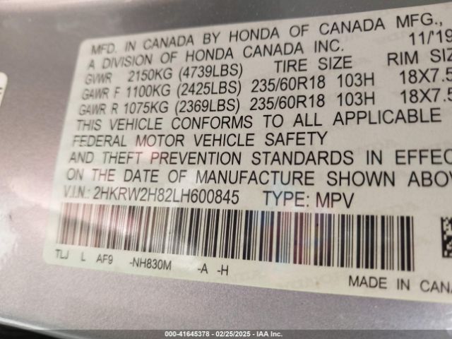 2HKRW2H82LH600845 Honda Cr-v Awd Ex-l