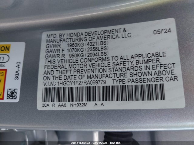 1HGCY1F27RA069779 Honda ACCORD LX