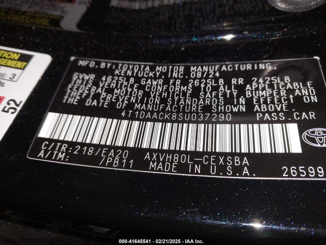 41645541 :رقم المزاد ، 4T1DAACK8SU037290 vin ، 2025 Toyota Camry Se مزاد بيع