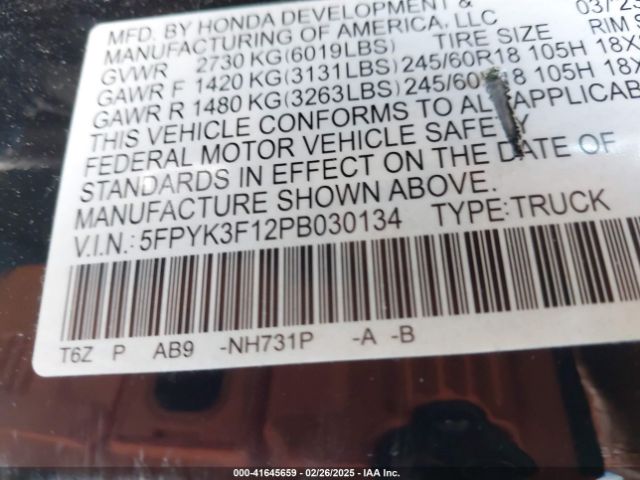 5FPYK3F12PB030134 Honda Ridgeline Sport