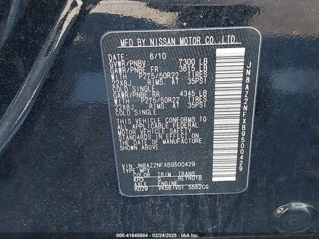 41645684 :رقم المزاد ، JN8AZ2NFXB9500429 vin ، 2011 Infiniti Qx56 مزاد بيع