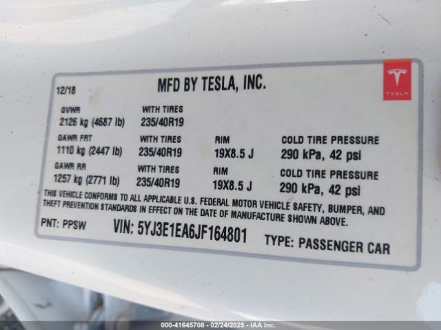 5YJ3E1EA6JF164801 Tesla Model 3 Long Range/mid Range