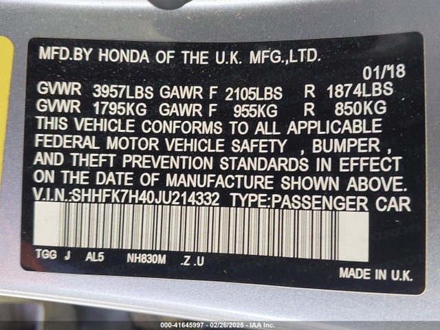 SHHFK7H40JU214332 Honda Civic Sport