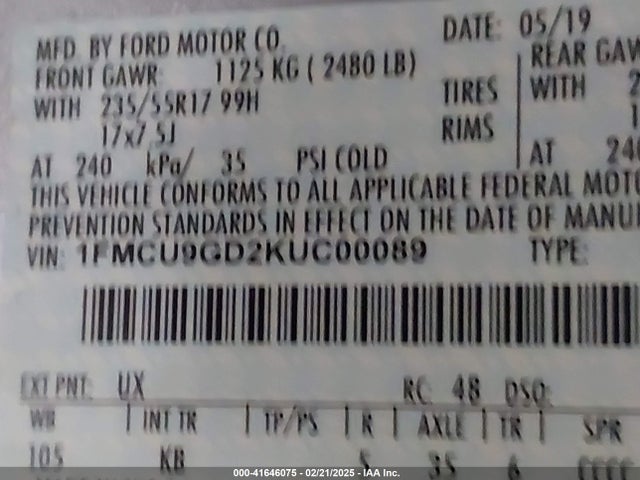 1FMCU9GD2KUC00089 Ford ESCAPE SE