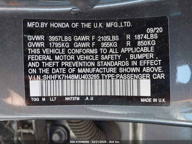 SHHFK7H48MU403265 Honda Civic Sport