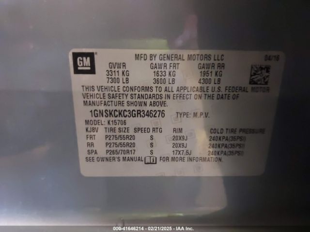2016 CHEVROLET TAHOE 1GNSKCKC3GR346276 Photo 8