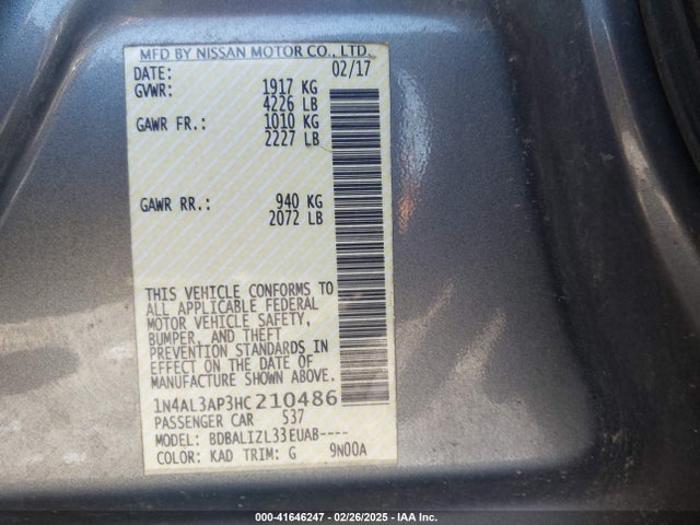 1N4AL3AP3HC210486 Nissan Altima 2.5 Sv