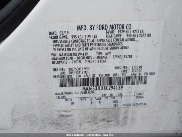 MAJ6S3JLXKC294139 Ford Ecosport Ses