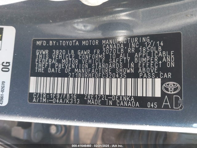 Toyota COROLLA LE 2015 2T1BURHE0FC320435 Image 9