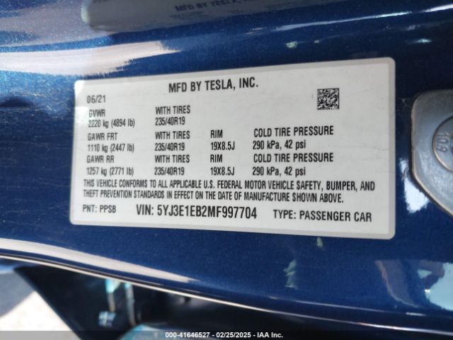 5YJ3E1EB2MF997704 Tesla Model 3 Long Range Dual Motor All-wheel Drive