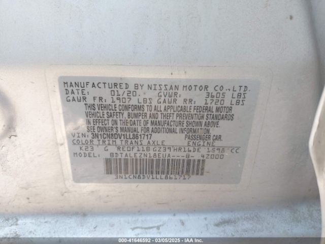 3N1CN8DV1LL861717 Nissan Versa S Xtronic Cvt