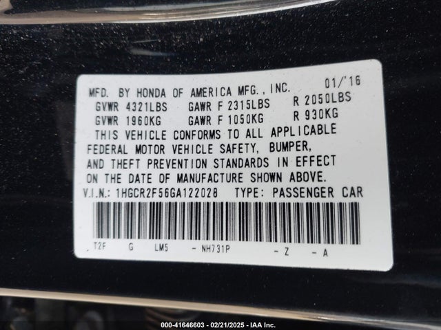 1HGCR2F56GA122028 Honda Accord Sport