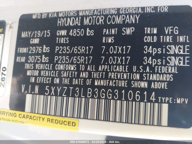 5XYZT3LB3GG310614 Hyundai Santa Fe Sport 2.4l