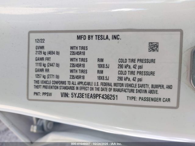 5YJ3E1EA9PF436251 Tesla Model 3 Rear-wheel Drive
