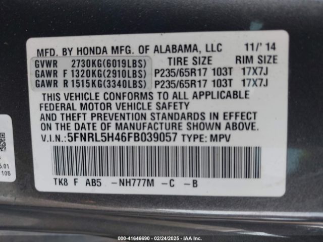 5FNRL5H46FB039057 Honda ODYSSEY EX
