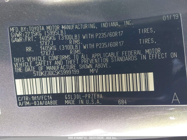 5TDKZ3DC5KS999199 Toyota Sienna Le 8 Passenger