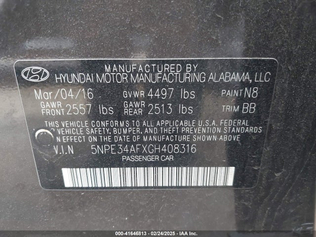 5NPE34AFXGH408316 Hyundai Sonata Limited
