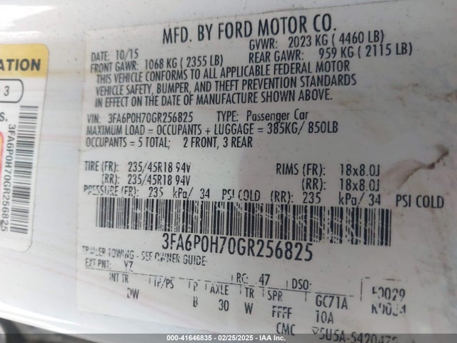 Ford FUSION SE 2016 3FA6P0H70GR256825 Image 9