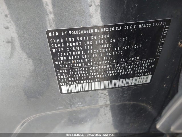 3VV2B7AX8MM143189 Volkswagen Tiguan 2.0t Se/2.0t Se R-line Black/2.0t Sel
